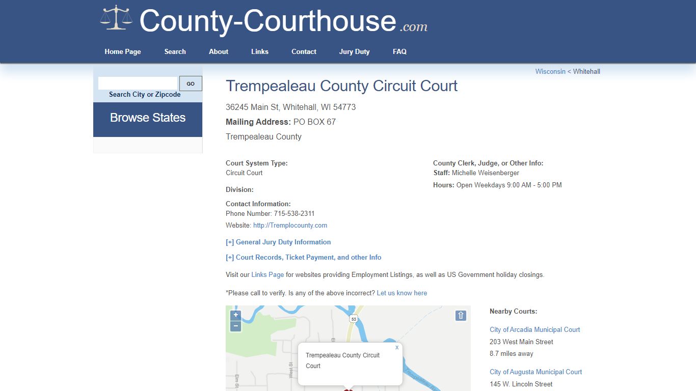 Trempealeau County Circuit Court in Whitehall, WI - Court Information